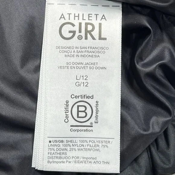 Athleta Girl Jacket Girls Size Large 12 Black So Down Puffer Jacket Insulated